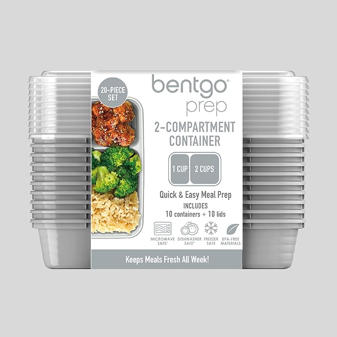 Bentgo 20-Piece Lightweight, Durable, Reusable BPA-Free 2-Compartment Containers - Microwave, Freezer, Dishwasher Safe - Silver-NeatNest