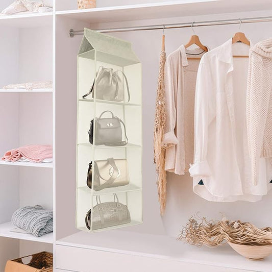 Closet Handbag Purse Holder, Space Saving Hanging Handbag Tote Bag Storage Organizer Holder with 4 Large Heavy-Duty Mesh Shelves for Wardrobe Closet(Beige)-NeatNest