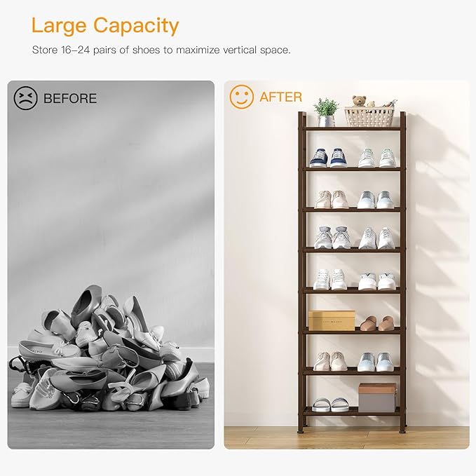 usikey 8 Tiers Narrow Shoe Rack 16-24 Pairs, Sturdy Metal Tall Shoe Rack with 4 Hooks, Slim Shoe Storage Organizer with Metal Shelf, Space Saving Vertical Shoe Shelf for Entryway, Closets, Bronze-NeatNest
