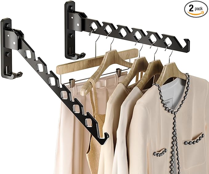Dr.DJ Wall Mount Coat Hanger Holder Black Clothes Drying Organizer Rack Garment Hooks Aluminium Retractable Folding Indoor Wall Mounted Hanger Space Saver for Laundry Room Bedroom Black 2Pack-NeatNest