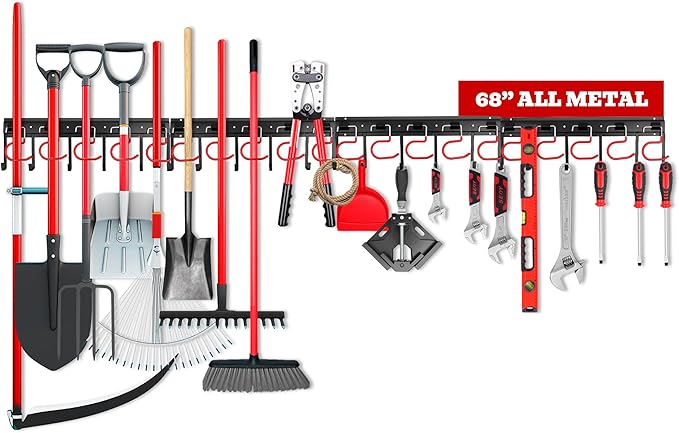 68" All Metal Garden Tool Organizer - Sturdy Garage Wall & Shed Organization System - Hooks for Shovel, Broom, Rake & More