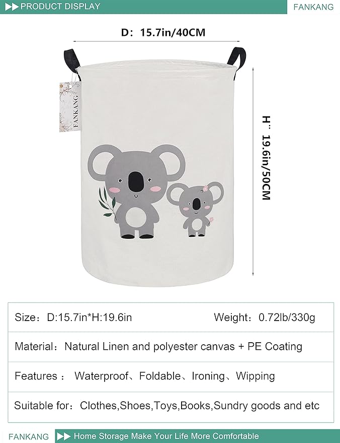 FANKANG Storage Basket, Nursery Hamper Canvas Laundry Basket Foldable with Waterproof PE Coating Large Storage Baskets for Kids Boys and Girls, Office, Bedroom, Clothes,Toys(Koala)