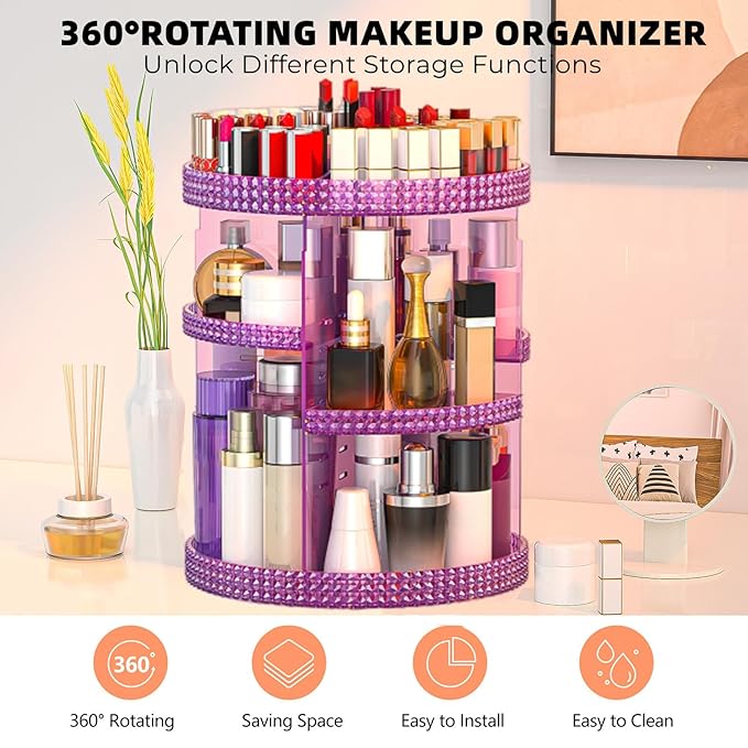 360 Degree Rotating Makeup Organizer, Extra Large Capacity Cosmetics Organizer, Removable 7 Layers Skincare Organizers, Spinning Perfume Organizer, Dresser Organizer Countertop (Purple)-NeatNest