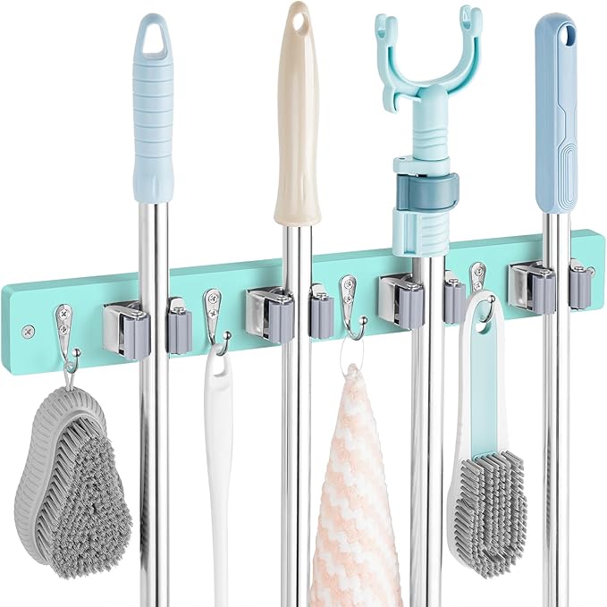 Turquoise Mop Broom Holder Wall Mount with 4 Slots & 4 Hooks - Wood Broom Mop Hanger for Pantry Closet Laundry Room Organization - for Teal Kitchen Decor and Accessories-NeatNest