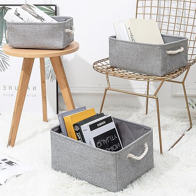 Fabric Storage Bins, 2 Pack Foldable Cube Baskets with Rope Handles, Large Collapsible Storage Cubes for Home, Office, Closet, Clothes, Books Organizer. (Gray, 2PCS/14*10.2*6.3inch)-NeatNest