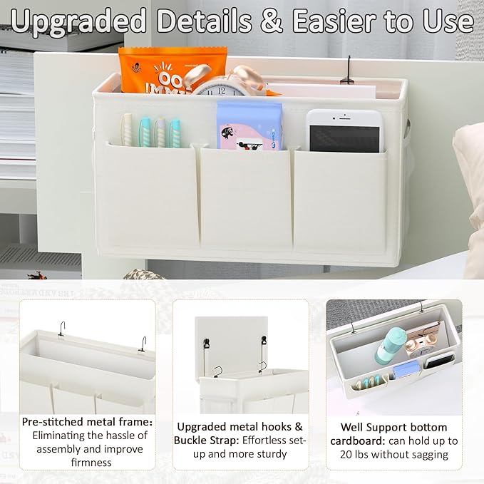 Dual-purpose Bedside Caddy Bedside Organizer, Bed Caddy with 6 Pockets, Versatile Bedside Storage Solution Magazine Remotes holder, ideal for Home, Dorm, Hospital, Crib Bed (White 2pcs)-NeatNest
