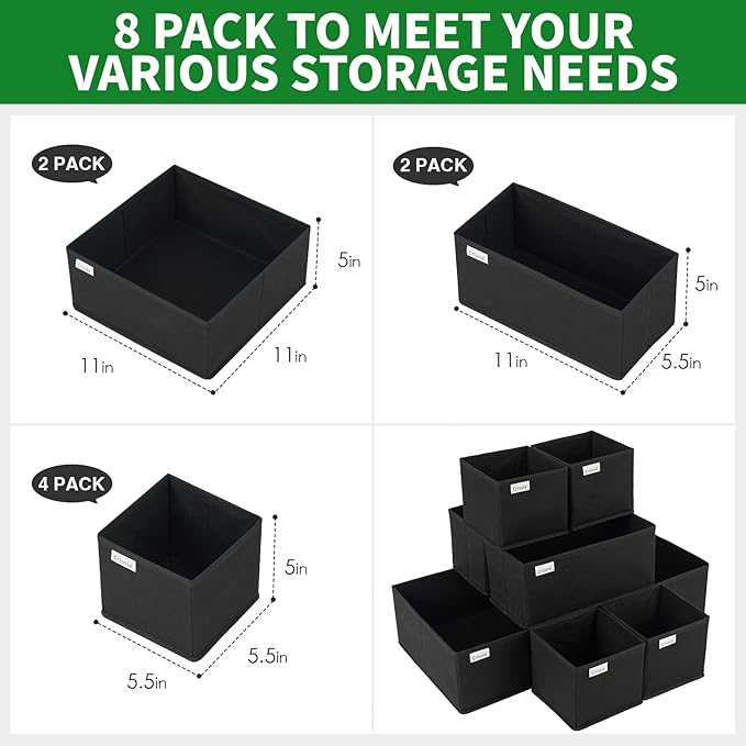 Drawer Organizer Clothes, 8 Pack Underwear Drawer Organizer, Foldable Cloth Storage Box Closet Organizers and Storage for Clothes, Socks, Scarves, Ties (Black)-NeatNest