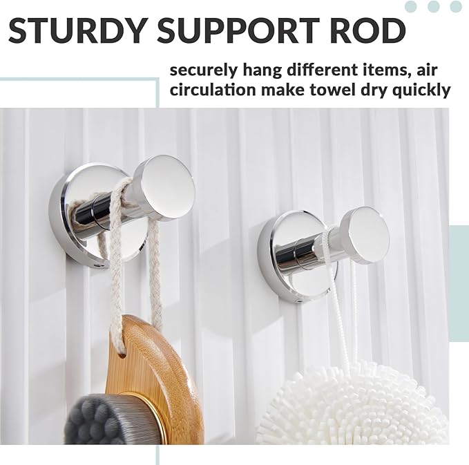 APLusee Polished Chrome Bathroom Towel Hooks 2 Pack, 304 Stainless Steel Round Robe Hooks for Bathroom Kitchen Garage, Heavy Duty Wall Mounted Towel Hanger