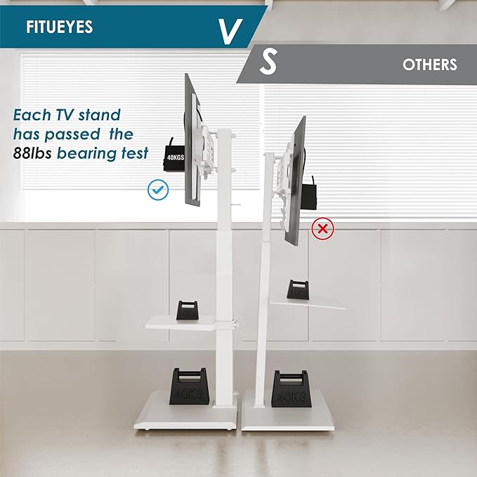 FITUEYES Floor TV Stands with Swivel Tilt Mount for 32 39 40 43 49 50 55 60 65 70 75 Inch LCD LED TVs with Iron Base Adjustable Shelf Universal Television Stands for Bedroom and Living Room (White)