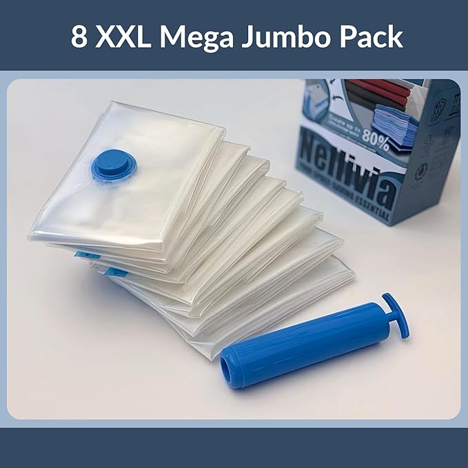 8 Mega Jumbo XXL Vacuum Storage Bags with Pump, Supersized Compression Space Saver for Comforter, duvet, Bedding, Blanket storage, Vacuum Seal Bags for Clothing, Durable Safe Poly Material-NeatNest