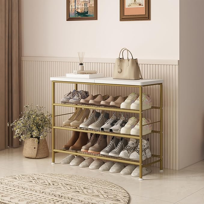 Shoe Rack Organizer 4 Tier for Closet Entryway Free Standing Metal Storage Shoe Shelf with MDF Top Board,Gold-NeatNest
