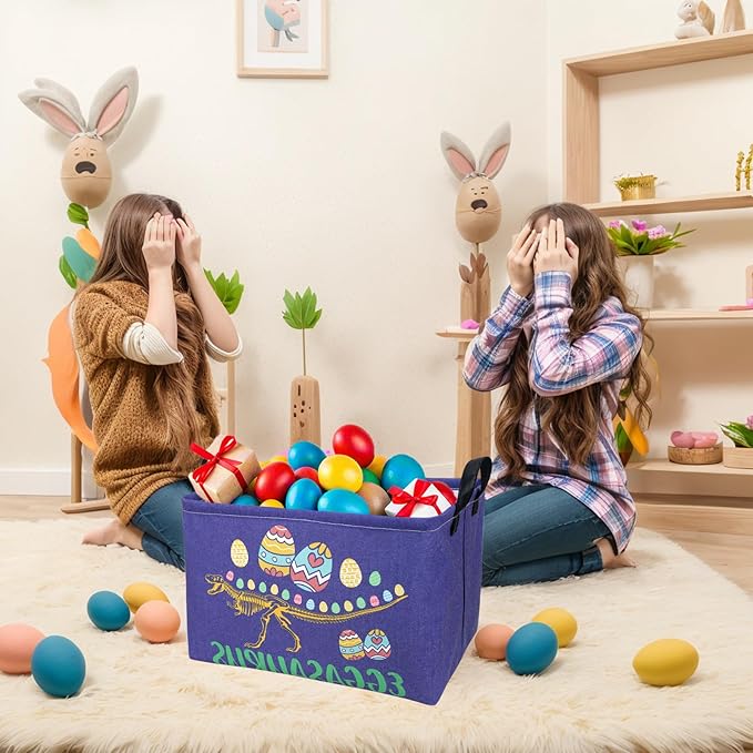 Dinosaur Easter Basket for Kid Large Empty Baby Rectangular Cute Easter Gift Bunny Eggs Décor Storage Basket (Skeleton Dinosaur)-NeatNest