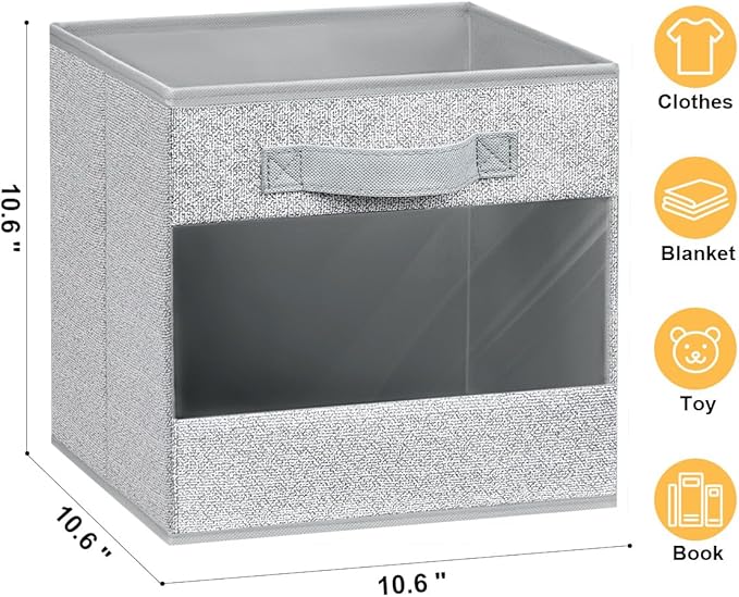 DIMJ Storage Cubes, Foldable 11 Inch Cube Storage Bin, Clear Window Shelf Storage Bins, Fabric Storage Bins for Bedroom, Living Room, Office, Dormitory (8 Pack, Light Grey)-NeatNest