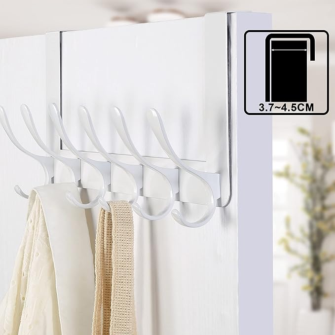 SKOLOO Over The Door Hooks - for Doors up to 4.5cm Thick, No Assembly Required, Stainless Steel Door Hanger with 6 Hooks, Over The Door Hanger for Coats Clothes Hat Towel Jacket, White