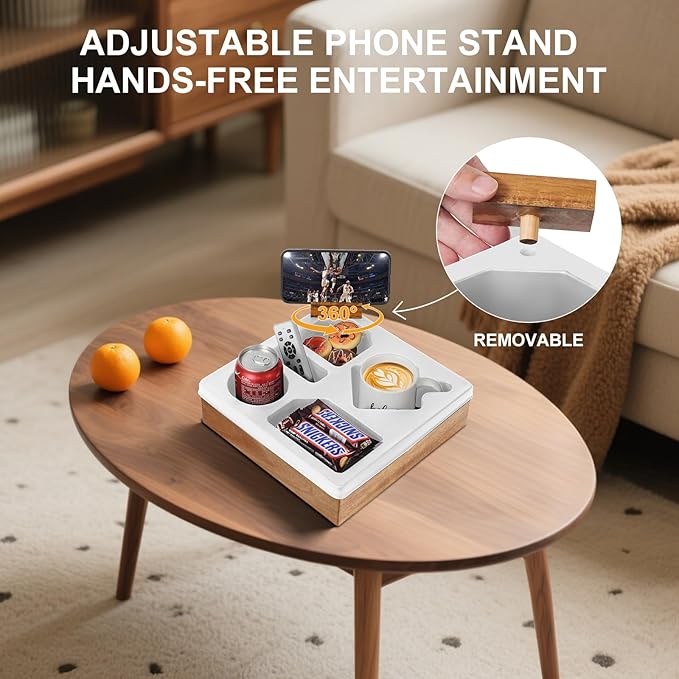 Couch Cup Holder Tray – Spill-Proof Wooden Sofa Arm Organizer with Silicone Insert for Snacks, Drinks, Remote, and Phone, Waterproof Couch Caddy for Bed, Car, RV, Living Room (White)-NeatNest