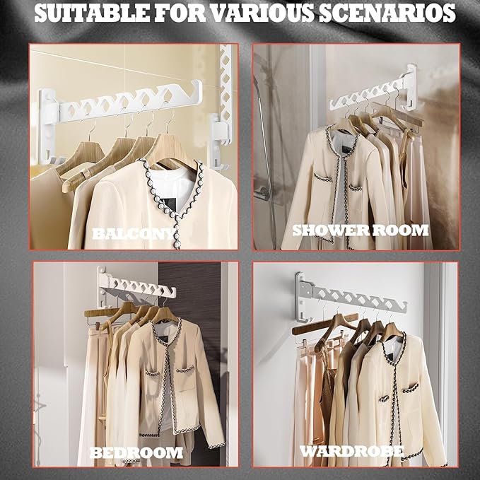 Dr.DJ Wall Mount Coat Hanger Holder White Clothes Drying Organizer Rack Garment Hooks Aluminium Retractable Folding Indoor Wall Mounted Hanger for Laundry Room Bedroom White 2Pack with 80cm Rod-NeatNest