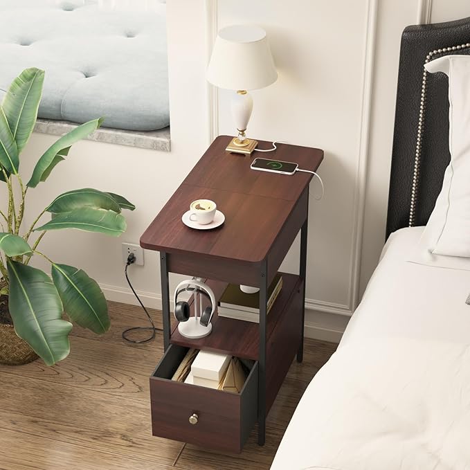 SOOWERY End Table with Charging Station, Narrow Side Table with Flip Top Cabinet and Fabric Drawer, Nightstand Bedside Tables for Small Spaces, Bedroom, Living Room, Dark Cherry