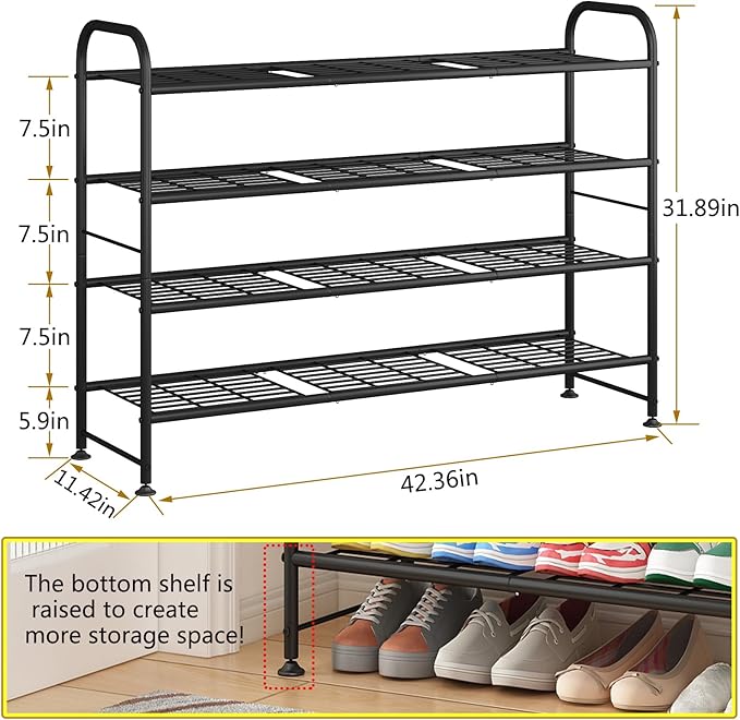 LINZINAR Shoe Rack Long 4 Tier Shoe Storage Organizer Metal Wide Shoe Shelf for Closet Entryway Bedroom 24 Paris Large Capacity, Gold Black-NeatNest