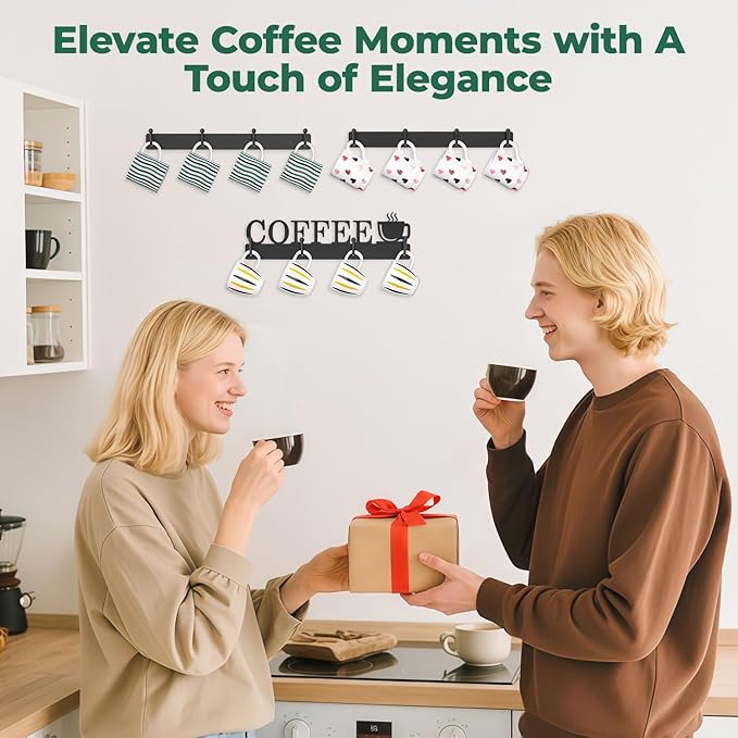 EsLuker.ly Mug Holder Rack Coffee Cup Hanger Wall Mount, Metal Wall Cup Shelf Organizer Stand with 12 Hooks, Fits Most Mugs Display for Home Kitchen, Space-Saving Coffee Bar Enhancer, Set of 3, Black-NeatNest