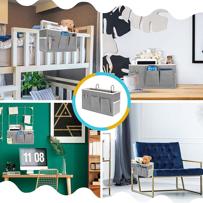 2pcs Bedside Caddy Hanging Storage Bag, Water Cup Holders, Organizer Baskets with Pockets for Bunk Bed Shelf, Hospital Beds, Loft & Dorm Rooms Accessories (Bedside bag-Grey)-NeatNest