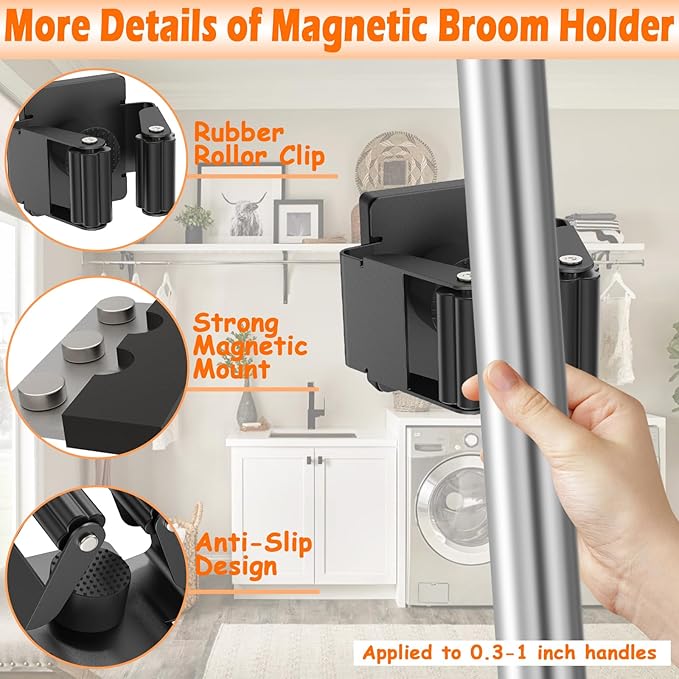 4 Pack Strong Magnetic Mop Broom Holder, Heavy Duty Magnetic Broom Mop Hanger for Cleaning Tools, Wall Mounted Mop Broom Holder for Laundry Garage Kitchen Workshops Shed-NeatNest