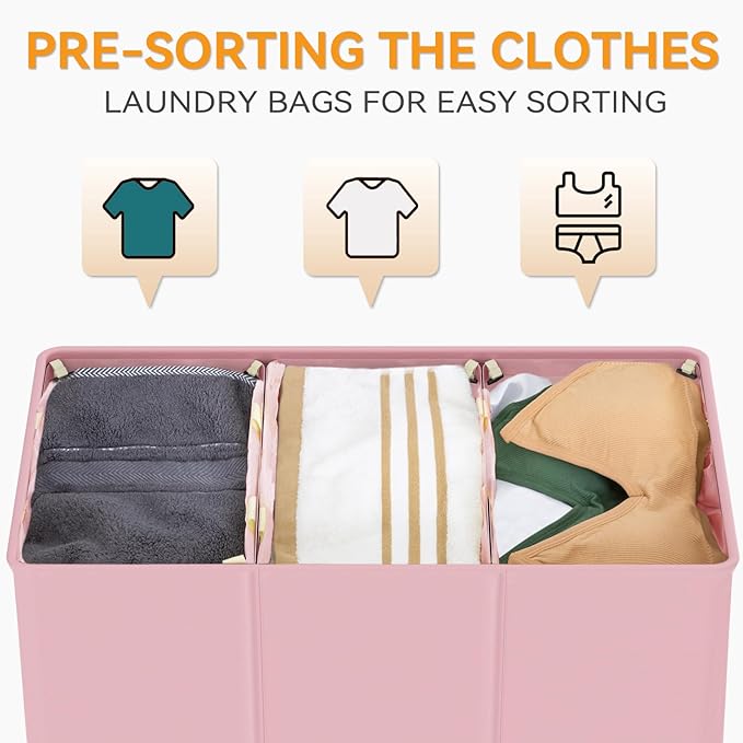 WOWLIVE 180L Laundry Hamper with Lid 3 Section,Large Laundry Basket with Removable Bags and Handles,Collapsible Dirty Clothes Hampers for Laundry,Laundry Basket Organizer for Laundry Room,Dorm,Pink-NeatNest