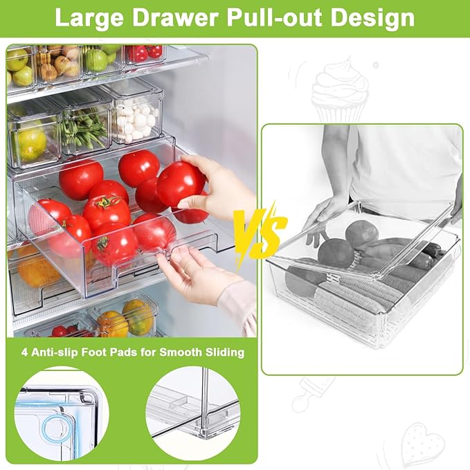 YINGRACE 10 Pack Fridge Organizer Bins, Stackable Refrigerator Organizers and Storage, With a Pull-out Large Drawer, BPA-Free Clear Containers For Fruit, Vegetable, Drinks
