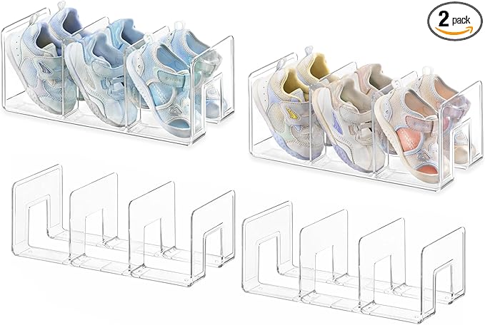 Widened 4.17 Inch Clear Acrylic Kids Shoe Rack for Closet Organizers and Storage 4 Pack, 3 Sections Small Toddler Baby Shoe Storage Organizer Shelf, Desk File Sorter Book Purse Organizer-NeatNest