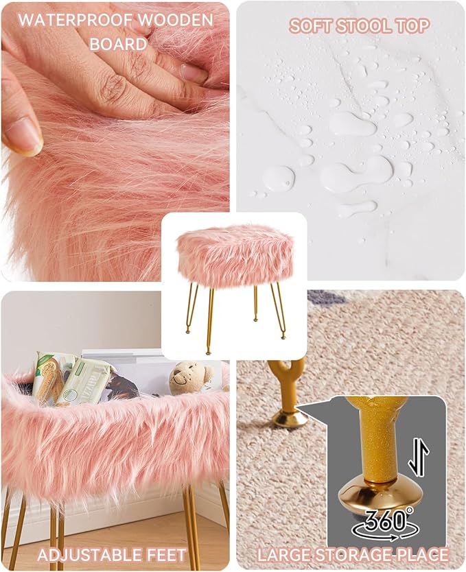 IBUYKE Rectangular Faux Fur Vanity Stool with Storage, Furry Makeup Chair Ottoman, Soft Padded Seat, Round Footrest Footstools with 4 Metal Legs, for Living Room Bedroom Entryway, Pink WBD022P