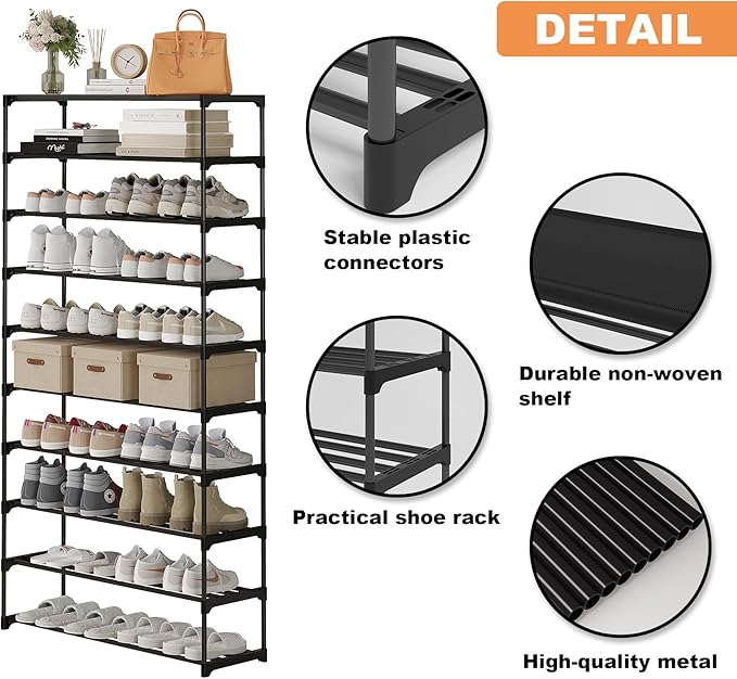 Calmootey 10-Tier Shoe Rack, Tall Large Capacity 50 Pairs Shoes Storage Organizer, Stackable Wide Shoe Shelf for Entryway, Hallway, Black-NeatNest