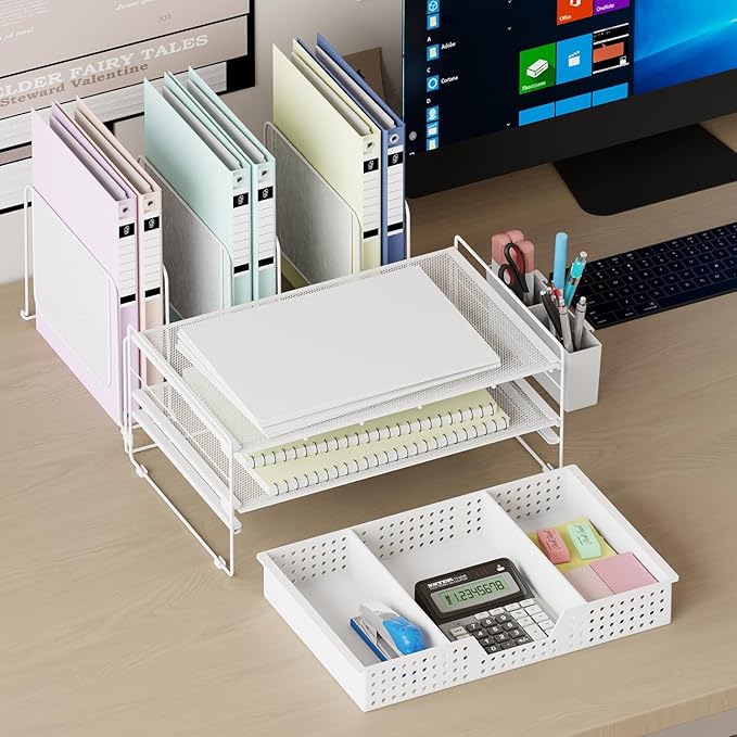 Desk Organizer, Office Organization with Vertical File Holder, File Organizer with Drawer and Pen Holder, Desk Accessories and Workspace Organizers for Home Office (White)-NeatNest
