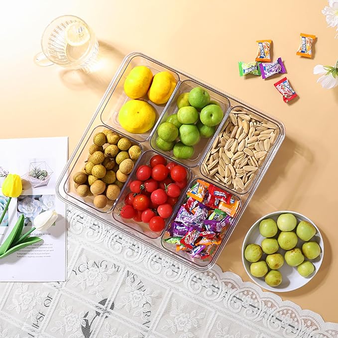 Divided Serving Tray with Lid & Handle, 6 Compartment Removable Snack Box, Kitchen Organizers and Storage, Snackle Box Container, BPA-Free Fruit Storage Container for Berry, Snack, Candy, Nuts…