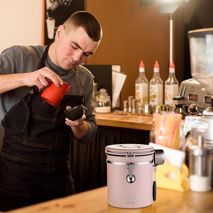 Bincoo Premium Pink Coffee Canister, 1500ml/18oz Large Airtight Stainless Steel Coffee Bean Storage Container with Date Tracker & Scoop (1500ML)-NeatNest