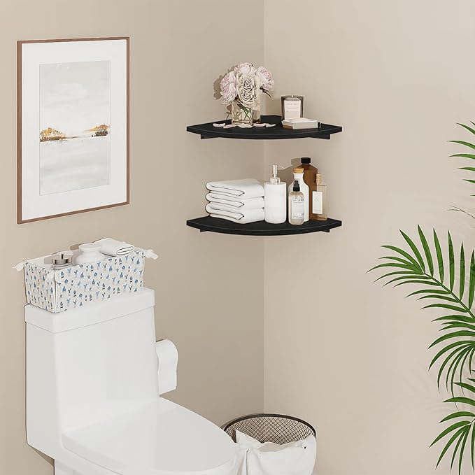 Homode Corner Floating Shelves, 12" Deep Corner Shelves Wall Mounted with Cord Hole, 2 Tier Curved Corner Hanging Shelving for Wall Storage, for Cable Box, TV Cords, Books, Plants, Black