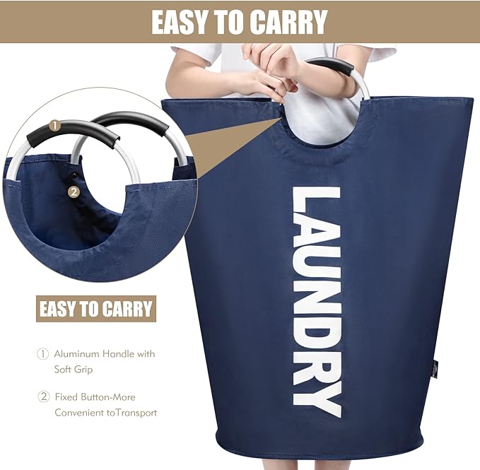 DOKEHOM 90L Large Laundry Basket, Collapsible Laundry Bag, Freestanding Tall Clothes Hamper, Foldable Washing Bin (Dark Blue)-NeatNest