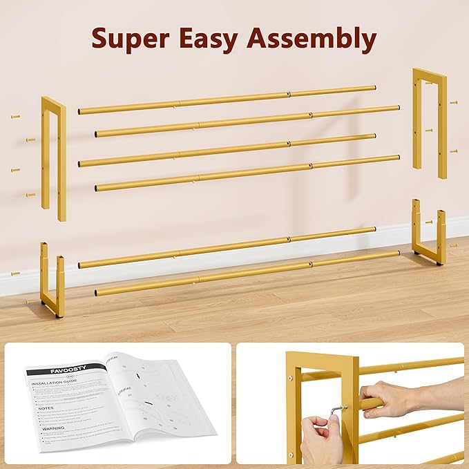FAVOOSTY 3-Tier Expandable Shoe Rack, Adjustable Shoe Shelf Storage Organizer Space Saving Metal Free Standing Shoe Rack for Entryway Closet Doorway, Gold-NeatNest