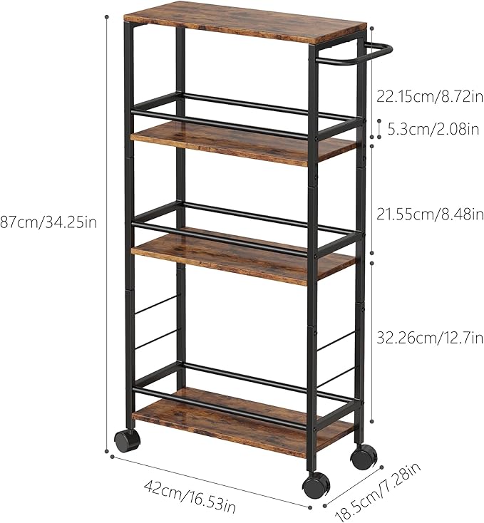 Slim Rolling Cart, 4-Tier Kitchen Storage Rolling Cart, Narrow Cart with Handle,Mobile Utility Cart for small Space, Shelving Unit for Kitchen,Dining Room,Living Room,Home Office,Laundry Room