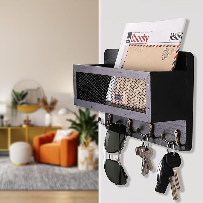 ADIIL Mail and Key Holder for Wall Decorative, Wooden Wall Mount Key Rack Hanger Organizer with 4 Double Key Hooks, Rustic Home Decor for Entryway Hallway, Black