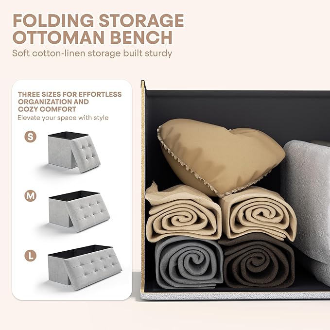Ottoman Folding Storage Bench, 43x15x15 Inch, Foot Rest Stool for Living Room, Bedroom, Entryway, End of Bed - Multi-Functional Ottoman with Storage Light Gray