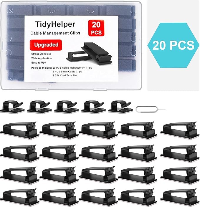 Cable Management Clips, Large Cord Clips for Under Desk Wire Management, Adhesive Organizer Multiple Cord (Computer/PC, Network, TV, Ethernet) Black 20 PCS-NeatNest