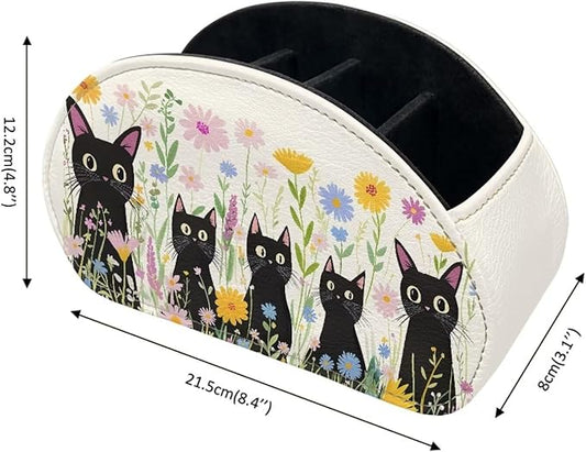 Cartoon Black Cat Floral Print Remote Control Holder with 5 Compartments, Office Desk Organizers - TV Stand Decor/Bedside Table Accessory Remote Caddy, Storage for Jewelry/Glasses-NeatNest