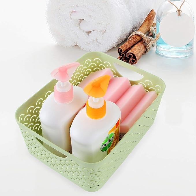 5 Pack Plastic Storage Baskets, Portable Green Fish Scale Pattern Hollow Desktop Storage Bin Box with Handle for Kitchen, Bathroom, Kids Room or Nursery Storage – 9.4 x 7.1 x 4.1 inches