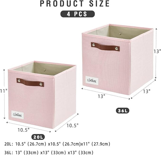 Collapsible Fabric Storage Cube Bins with 2 Reinforced PU Handles, Foldable Storage Organizer Baskets for Closet, Shelves, Living Room | 11"x11"x11", 4 Pack, Full Pink-NeatNest