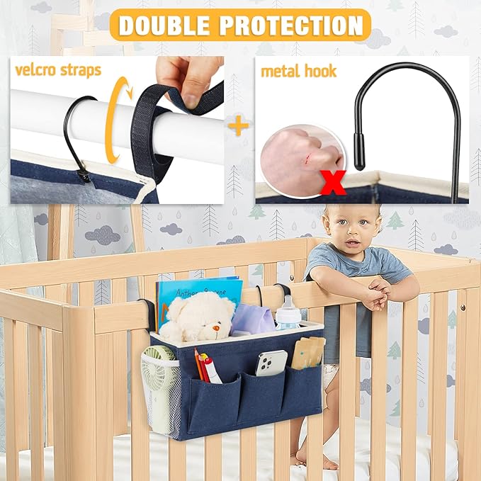 Bedside Caddy Bedside Organizer Bedside Storage Caddy with Fixed Straps and Water Bottle Holder for Home College Dorm Bunk Bed Hospital Bed Crib Bed Rails (2pcs Navy Blue)-NeatNest