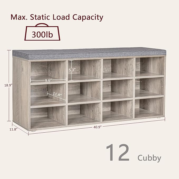DINZI LVJ Shoe Storage Bench with Cushion, Cubby Rack with 12 Cubbies, Adjustable Shelves, Multifunctional Organizer Bench for Entryway, Mudroom, Hallway, Closet and Garage, Greige-NeatNest