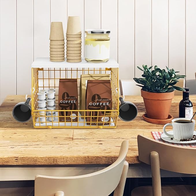 Gold Wire Basket for Organizing, Onion Storage, Hanging Wall Mount Fruit and Vegetable Storage for Pantry Organization, Sturdy Wire Metal Fruit Basket with Lid for Kitchen Laundry Countertop