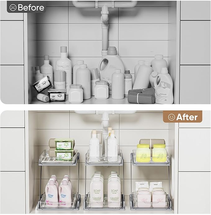 2 Pack Bathroom Organizers and Storage - Multi-Purpose,2-Tier Clear Pull Out Organization for Bathroom,Under Sink,Kitchen,Vanity,Countertop,Cabinet,Pantry & Medicine Cabinet,Grey-NeatNest