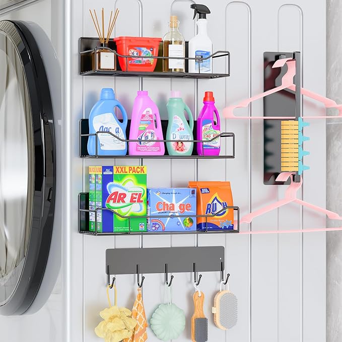 5 Pack Multifunctional Magnetic Shelves for Washing Machine & Refrigerator - Heavy Duty Laundry Room Organization System with Tool Hooks, Metal Storage Baskets (Black)