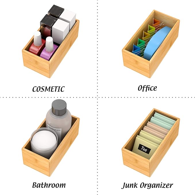 Bamboo Drawer Organizer Utensil Holder for Kitchen, Small Wood Silverware Storage Organizer, Stackable Box Tray for Cutlery, Flatware, Bathroom Caddy for Makeup, Perfume, Jewelry, 6x3x2.5 Inch-NeatNest