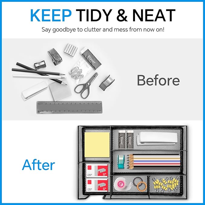 Desk Drawer Organizer, Office Drawer Divider Organizer Tray with 6 Compartments, Metal Mesh Desktop Organization and Accessories for Stationery Makeup Kitchen Toolroom School &Office, 12.6x8.27x1.6 in-NeatNest